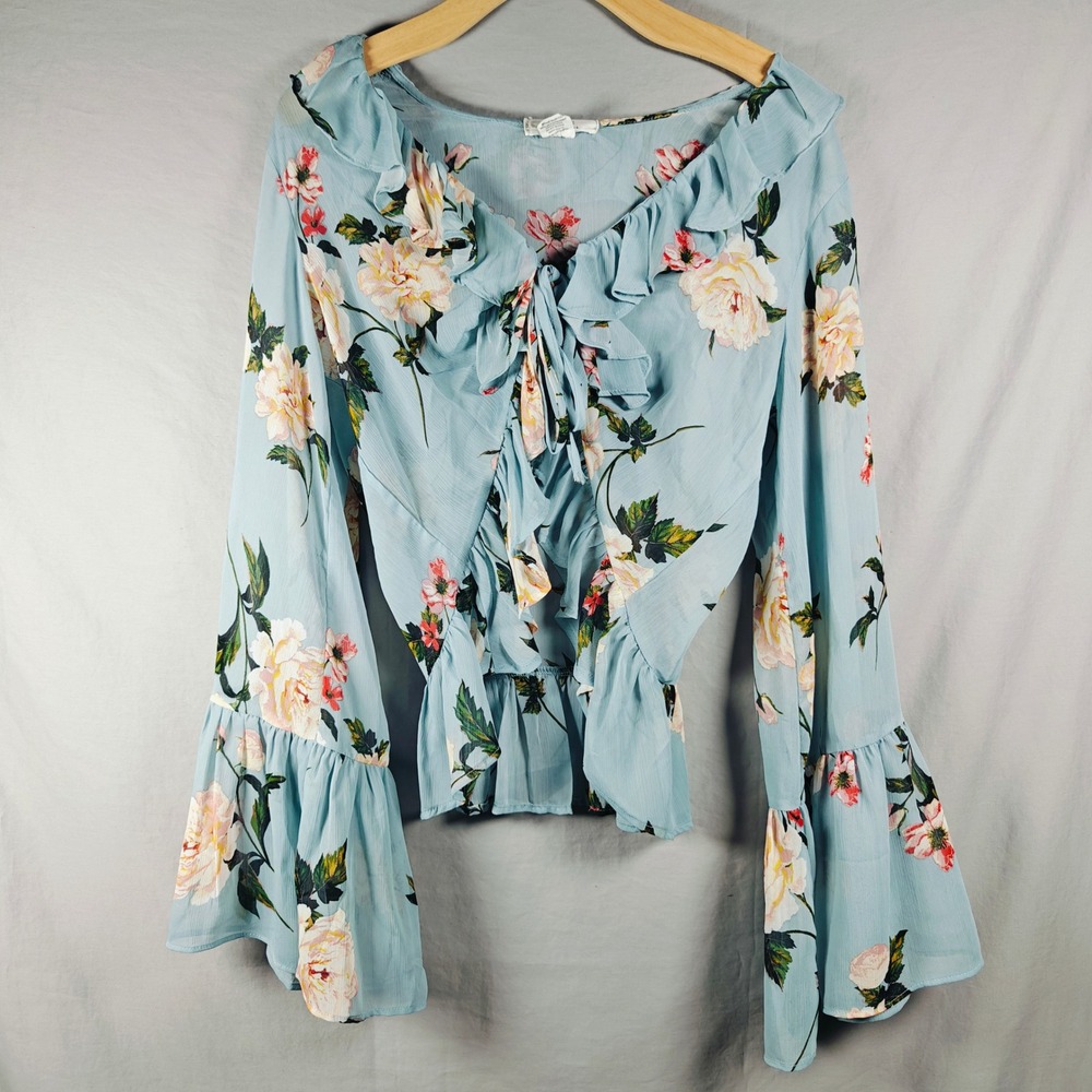 LIFE Love Is For Eternity Blue‎ Floral Ruffle Bell Sleeve Peplum Blouse Large